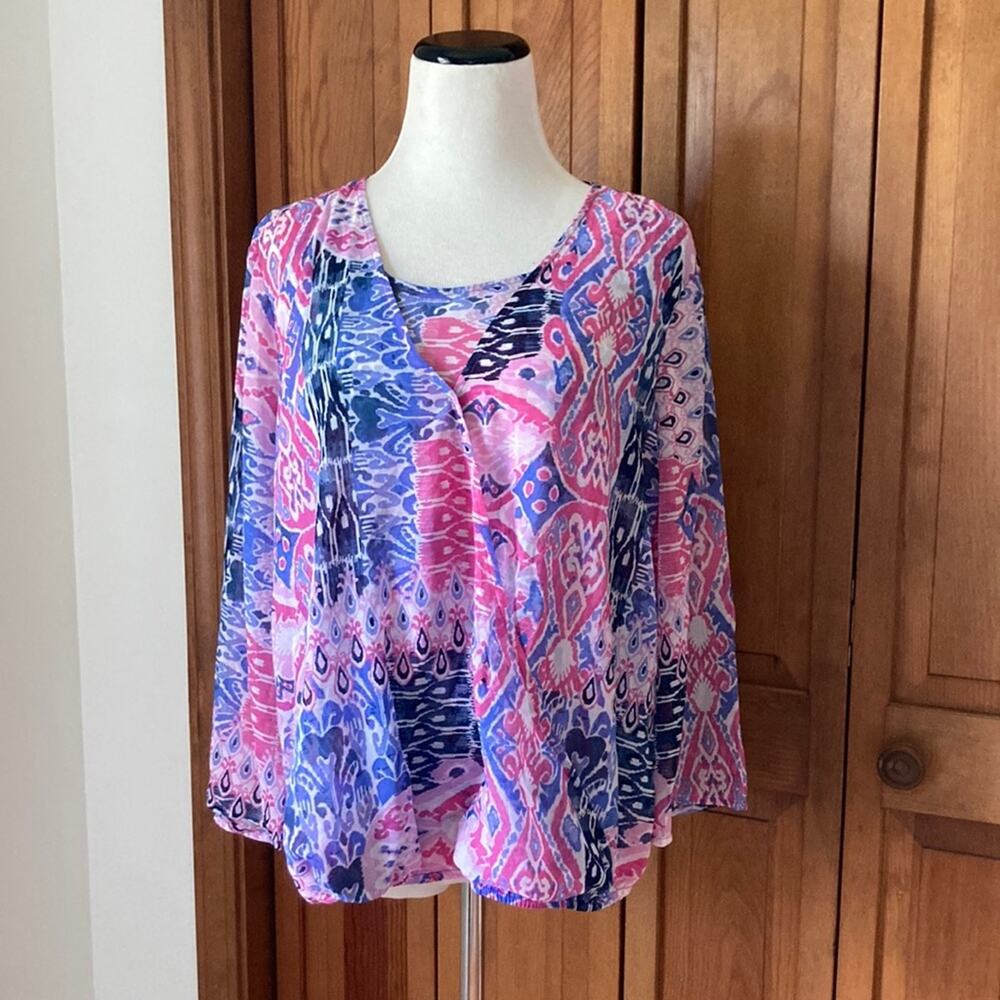 New Directions Pink & Purple Splashy Print Sheer Pullover Top, Size M